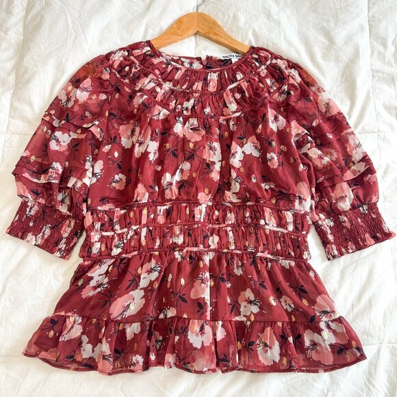 NWOT Walter Baker Red Floral Ruffle Blouse Sheer Long Sleeve Top Size Large - Picture 8 of 9
